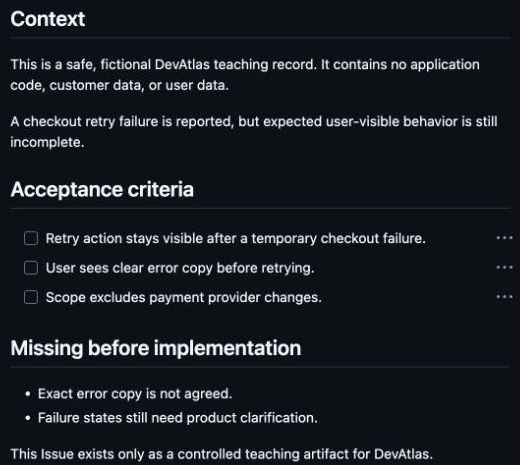GitHub Issue gövdesinde hayalî checkout retry iş kaydının bağlamı, kabul ölçütleri ve eksik bilgileri