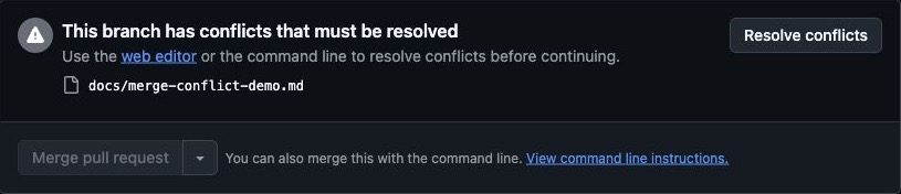 GitHub Pull Request üzerinde hayalî Markdown dosyası için çözülmesi gereken conflict uyarısı