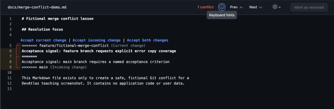 GitHub conflict editoründe hayalî Markdown satırları ve Current, Incoming, Both seçimleri